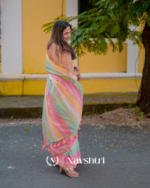 Sunlit Bloom - Yellow, Green & Pink Stripe Linen Saree with Blouse Piece - Image 2