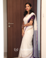 Shubhra Suvarna - Pure White Linen Saree with Purple & Golden Border Line with Blouse Piece