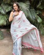 Tara Sindoor - Pure White Saree with Big Flower Print & Red Border with Blouse Piece