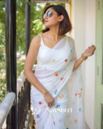 White Soft Mulmul Cotton Saree with Colorful Floral Embroidery, with Blouse Piece - Image 2