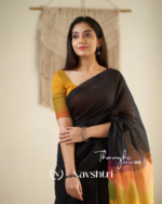 Megh Agni - Deep Black Saree with Radiant Saffron Border-Pallu & Blouse Piece - Image 2