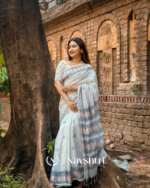 Shashi Varna - Pure White Linen Saree with Contrast Black Border & Blouse Piece