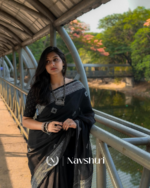 Tamas Rekha - Elegant Black Saree with Striking White Border & Blouse Piece - Image 2