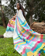 Indra Dhanu - Prism Glow White Linen Saree with Rainbow Center Design & Blouse Piece - Image 2