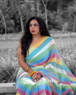 Swarna Rekha - Sunshine Stripes Yellow-Blue-Green-White Linen Saree with Blouse Piece - Image 2