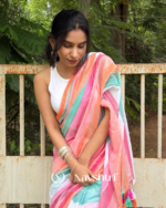 Neelanjali Sutra - Twilight Stripes Bottle Blue-Pink-Saffron Linen Saree with Blouse Piece