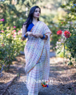Shashi Lehar - Moonlight Checks White Linen Saree with Square Patterns & Border with Blouse Piece - Image 2