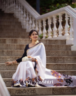 Shweta Gaj - Classic White Linen Saree with Elephant Motif Border & Blouse Piece