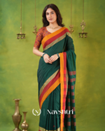 Green Mulmul Cotton Saree with Mustard & Maroon Contrast Borders (With Blouse)