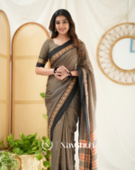 Coffee Brown Mulmul Cotton Saree with Black Border & Golden Detailing with blouse piece