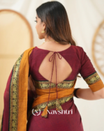 Maroon Mulmul Cotton Saree with Mustard Border & Woven Detailing, with Blouse Piece - Image 2