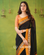 Black Mulmul Cotton Saree with Mustard Border & Elephant Weave, with Blouse Piece - Image 2
