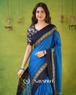 Royal Blue Mulmul Cotton Saree with Navy Border & Elephant Weave, with Blouse Piece - Image 2