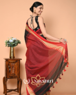 Black & Red Mulmul Cotton Saree with Golden Triangle Border, with Blouse Piece - Image 2