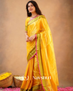 Yellow Tissue Cotton Saree with Olive Border & Pink Piping, With Blouse Piece - Image 3