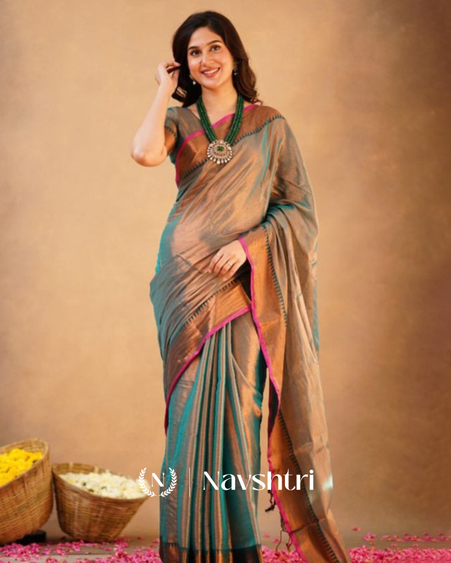 Image00001 Teal Grey Tissue Cotton Saree with Copper Border & Pink Piping, With Blouse Piece - Image 1