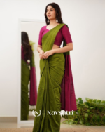 Green Mulmul Cotton Saree with Contrast Wine Blouse Piece - Image 2