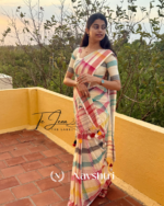 Shweta Rangoli - White Linen Saree with Rainbow Stripe & Blouse Piece - Image 2