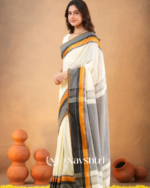 Classic White Traditional Mulmul  Cotton Saree with Contrast Border & Blouse Piece - Image 2