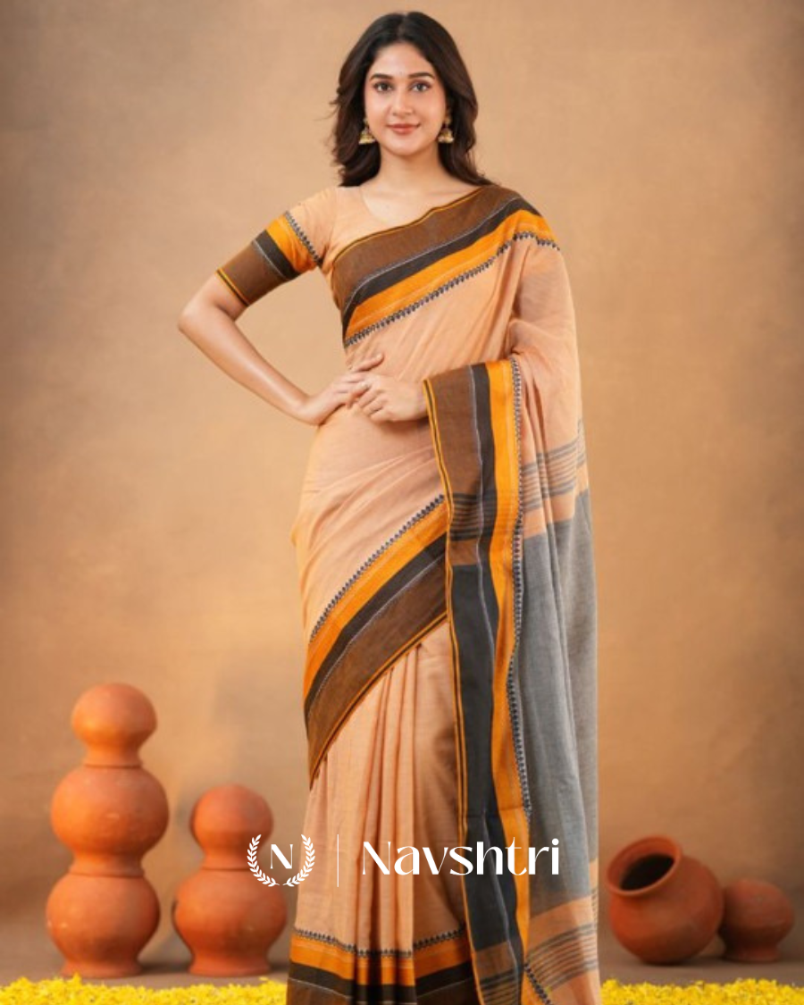Image00001 Peach Soft Mulmul Cotton Saree with Contrast Border Design with Blouse Piece - Image 1