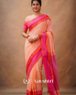 Peach Pink Mulmul Cotton Saree with Vibrant Contrast Border & Blouse Piece