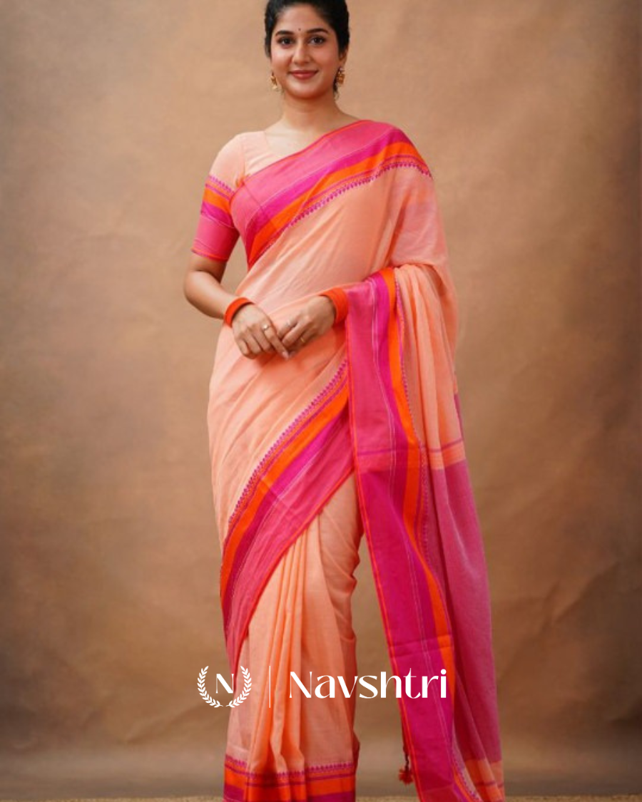 Image00001 Peach Pink Mulmul Cotton Saree with Vibrant Contrast Border & Blouse Piece - Image 1