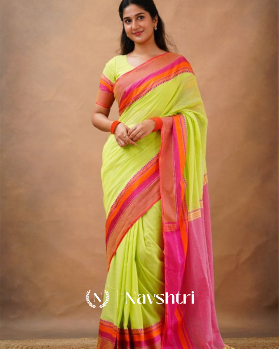 Image00001 Lime Green Mulmul Cotton Saree with Pink & Orange Contrast Border & Blouse Piece - Image 1