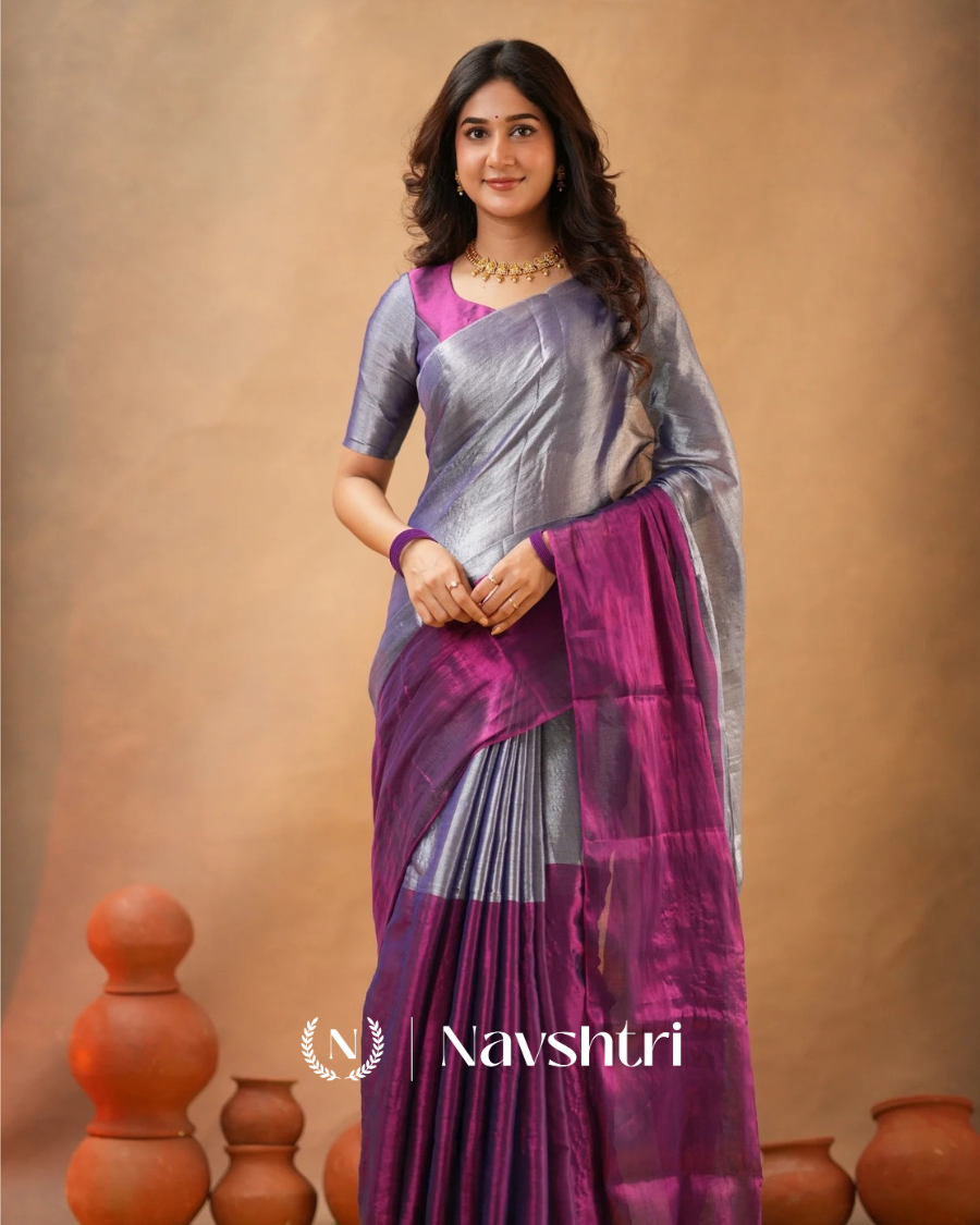 Image00001 Purple & Silver Tissue Cotton Saree with Blouse Piece - Image 1