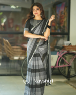 Black & Grey Striped MulMul Cotton Saree with Blouse Piece