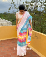 Megh Dhanush - White Linen Saree with Rainbow Stripes & Blouse Piece - Image 2