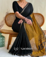 Black & Mustard Mulmul Cotton Saree with Blouse Piece