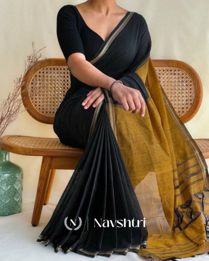 Black & Mustard Mulmul Cotton Saree with Blouse Piece