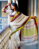 White Mulmul Cotton Saree with Multicolor Woven Striped Pallu & Matching White Blouse Piece