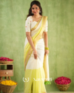 White & Light Yellow Mulmul Cotton Saree with Golden Woven Border & Matching White Blouse Piece