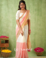White & Peach Mulmul Cotton Saree with Golden Woven Border & Matching White Blouse Piece - Image 2