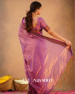 Lavender Tissue Cotton Saree with Copper Border & Blouse Piece - Image 2
