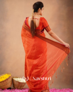 Rust Orange Tissue Cotton Saree with Copper Border & Blouse Piece - Image 2