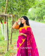 Rang Surya - Pink Linen Saree with Yellow Border & Design with Blouse Piece - Image 2