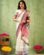 Ivory Mulmul Cotton Saree with Pink & Black Striped Pallu & Matching Ivory Blouse Piece