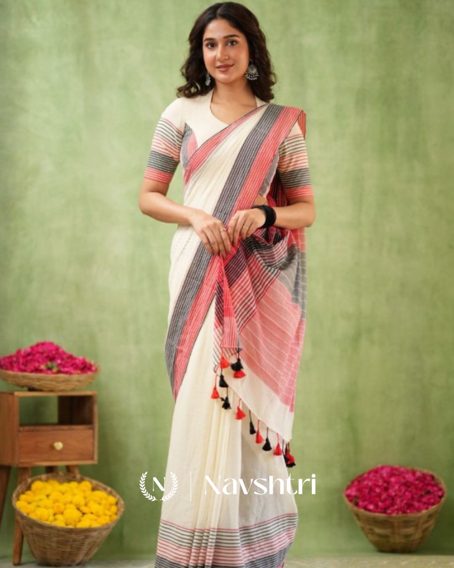 Image00001 Ivory Mulmul Cotton Saree with Pink & Black Striped Pallu & Matching Ivory Blouse Piece - Image 1