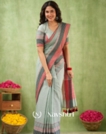 Grey Mulmul Cotton Saree with Pink & Black Striped Pallu & Matching Grey Blouse Piece - Image 2