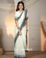 White MulMulmul Cotton Saree with Grey Border Motif & Matching Off-White Blouse Piece - Image 2