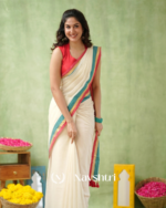 White Mulmul Cotton Saree with Teal & Pink & Gold Border & Red Blouse Piece - Image 2