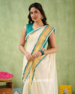 White Mulmul Cotton Saree with Teal & Gold Border & Matching Teal Blouse Piece - Image 2