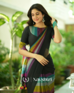 Black Mulmul Cotton Saree with Multicolor Striped Pallu & Matching Black Blouse Piece - Image 2