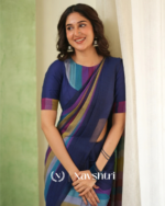 Navy Blue Mulmul Cotton Saree with Multicolor Striped Pallu & Matching Navy Blue Blouse Piece - Image 2