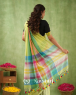 Light Green Mulmul Cotton Saree with Multicolor Striped Pallu & Matching Light Green Blouse Piece - Image 2