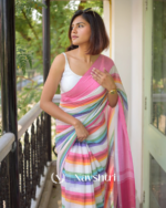 Pink Mulmul Cotton Saree with Multicolor Striped Pallu & Matching Pink Blouse Piece - Image 2