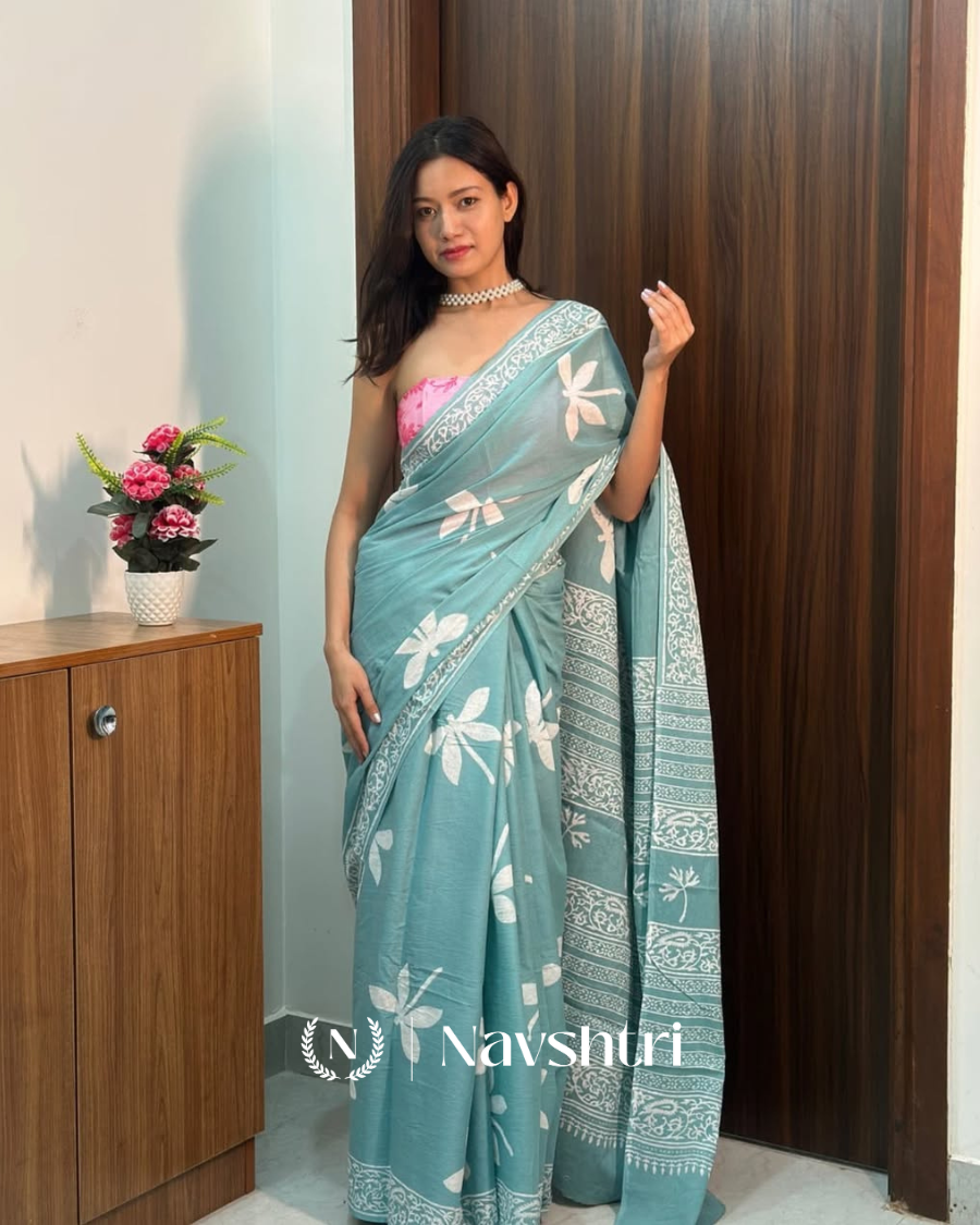 Image00001 Bottle Green Color 1 Minute Ready To Wear Mulmul Cotton Digital Printed Saree With Pocket - Image 1