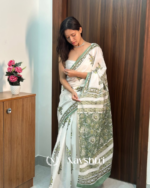 White Color 1 Minute Ready To Wear Mulmul Cotton Digital Printed Saree With Pocket - Image 2